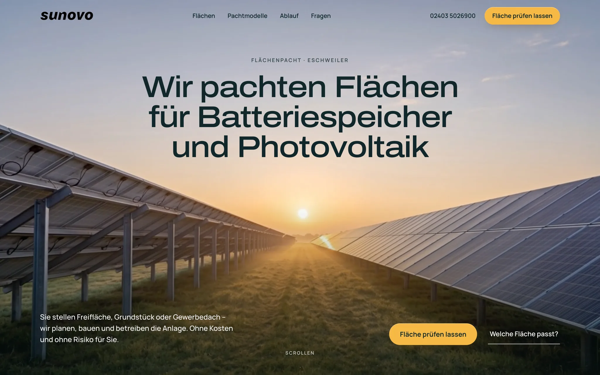 Startseite des Designkonzepts Sunovo: Solarpark im Morgenlicht, Überschrift „Wir pachten Flächen für Batteriespeicher und Photovoltaik“.