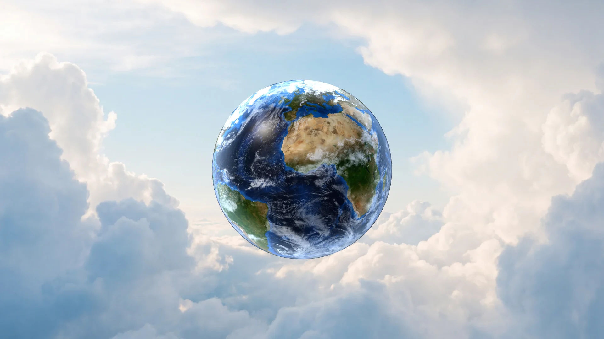 Die Erde mit Kontinenten, Ozeanen und Wolken schwebt in einer hellen Lichtung zwischen Wolken.